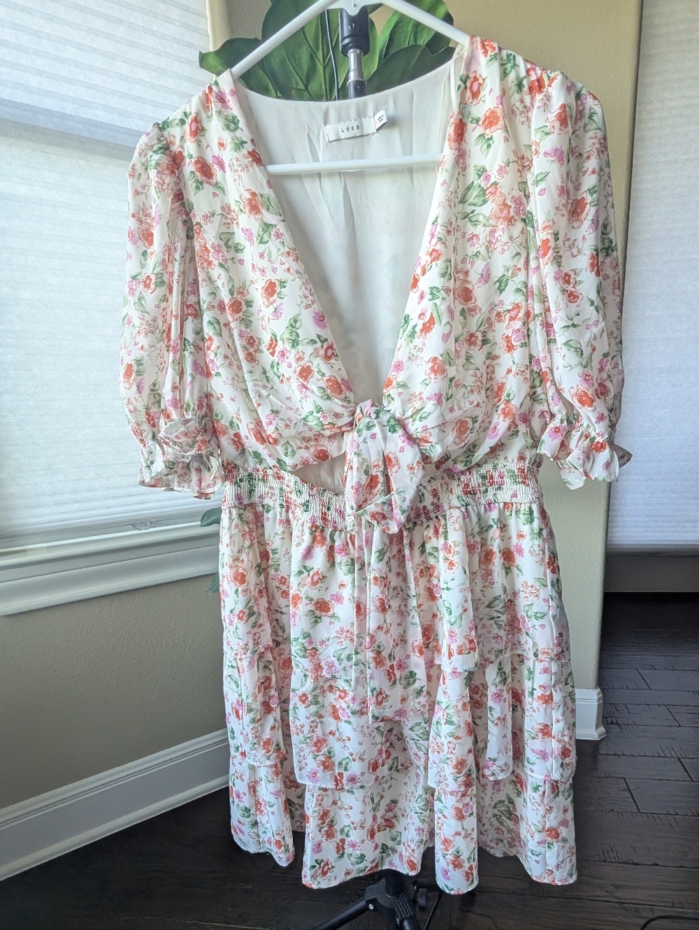 Lush Floral Tie-Front Dress in White, Pink & Green